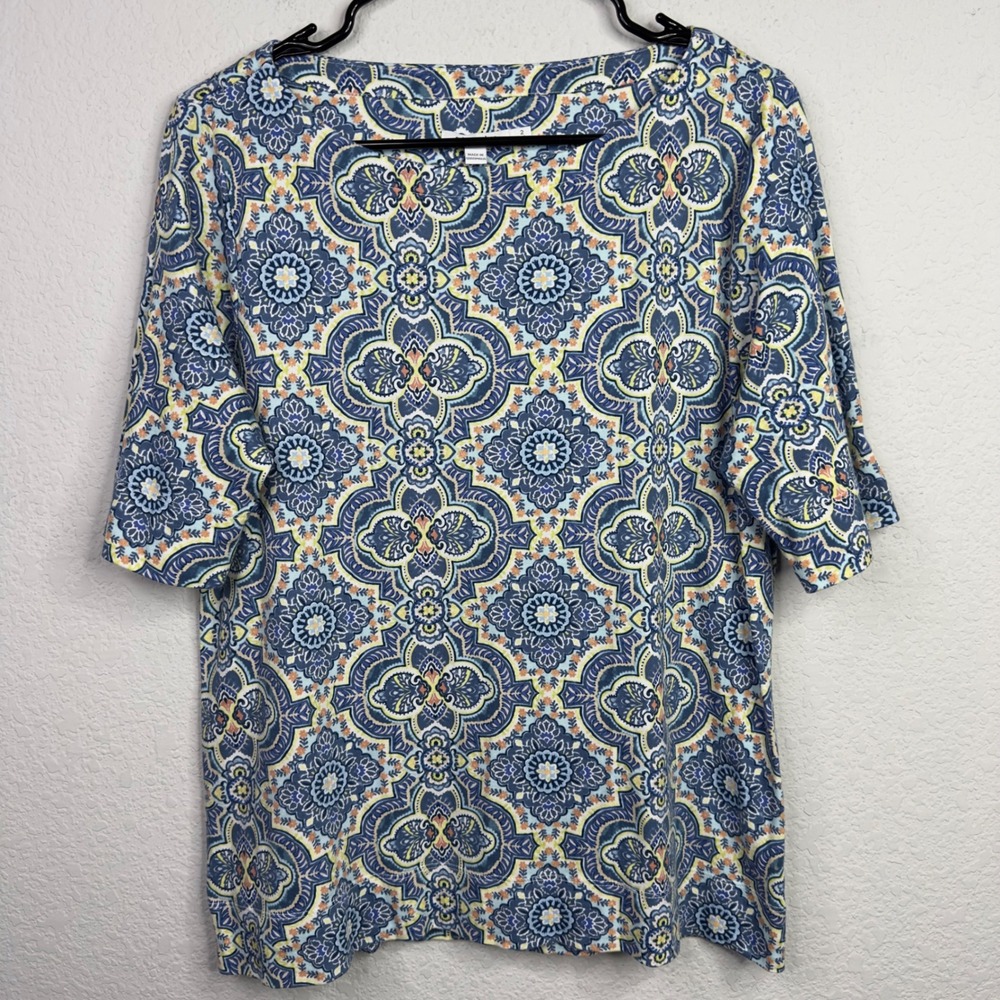 Chico's Shirt Womens 2/L Blue Yellow Medallion Geometric Nautical Casual Boho